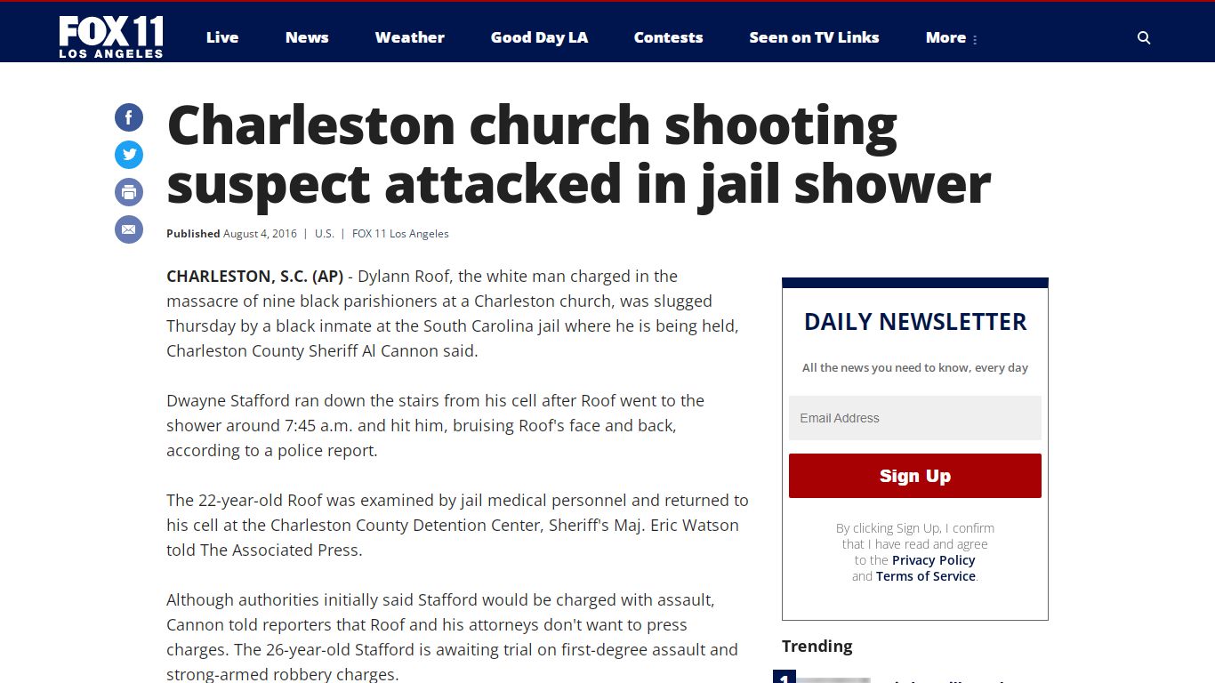 Charleston church shooting suspect attacked in jail shower
